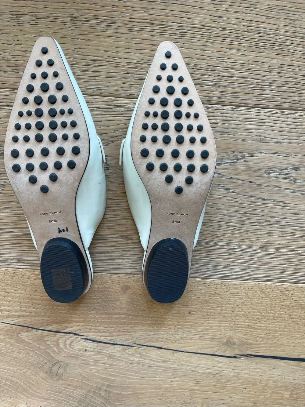 Tory Burch Cream Patent Leather Pointed Mule with Gold Logo